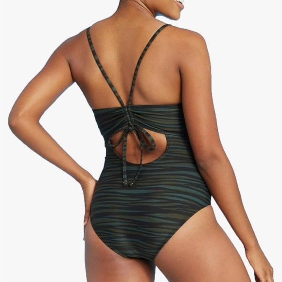 Kona Sol straight neck cinched back blue, green and black pattern one piece | L - Picture 2 of 10